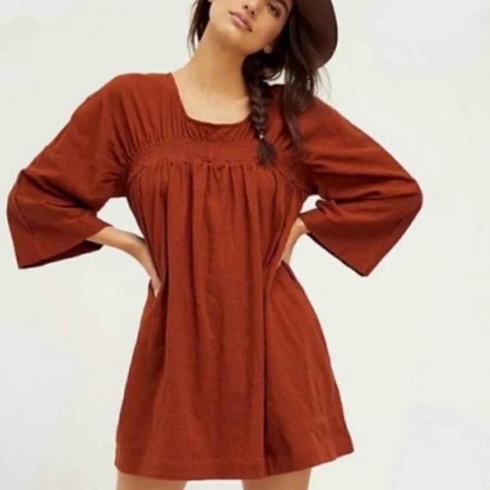 Free People Beach Celia Mini Dress Smocked Brown XS